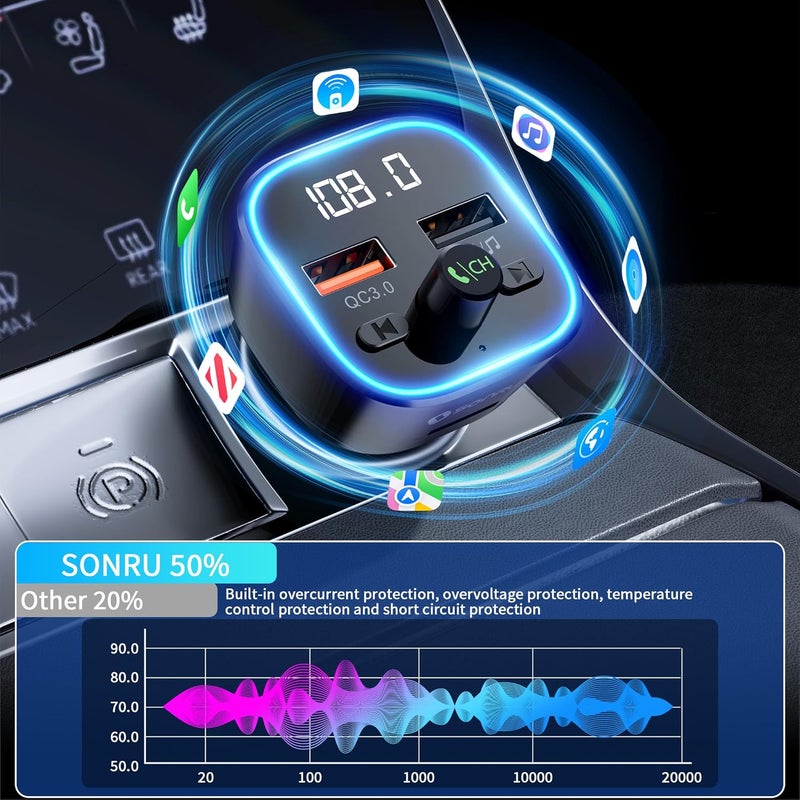 SONRU Bluetooth 5.3 FM Transmitter, Wireless Radio Adapter Car Kit, Audio Receiver Car Charger, Wireless FM Radio Transmitter, Hands-Free Calling and 2 USB Ports Charger - Image 4